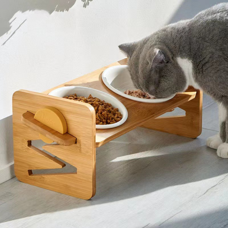 Adjustable Wooden Cat Treats & Water Feeder - Stylish & Functional