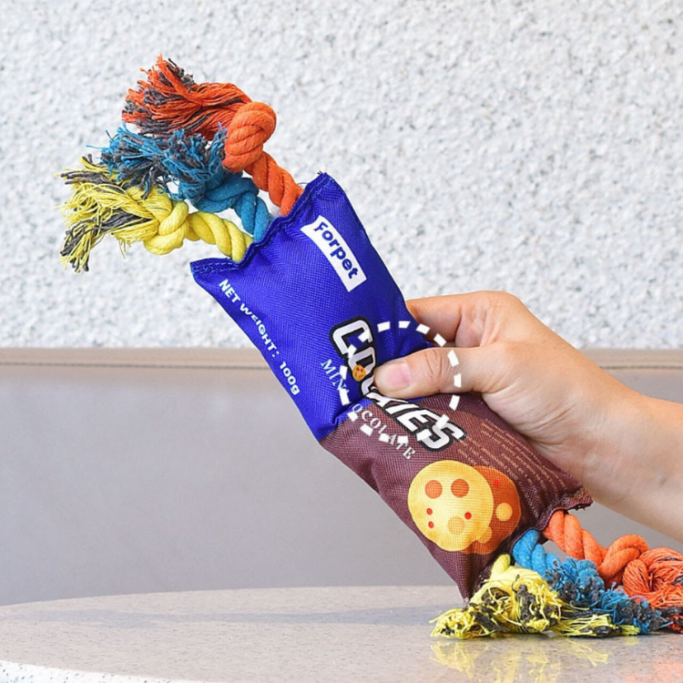 Durable Rope Tug Dog Toy - Fun Squeaky Chips Design