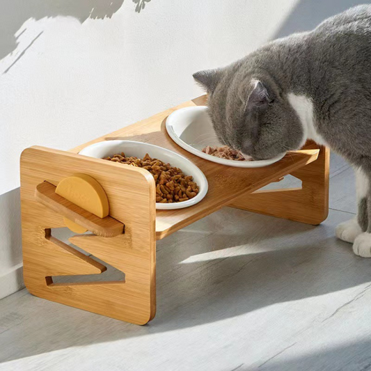 Adjustable Wooden Cat Treats & Water Feeder - Stylish & Functional