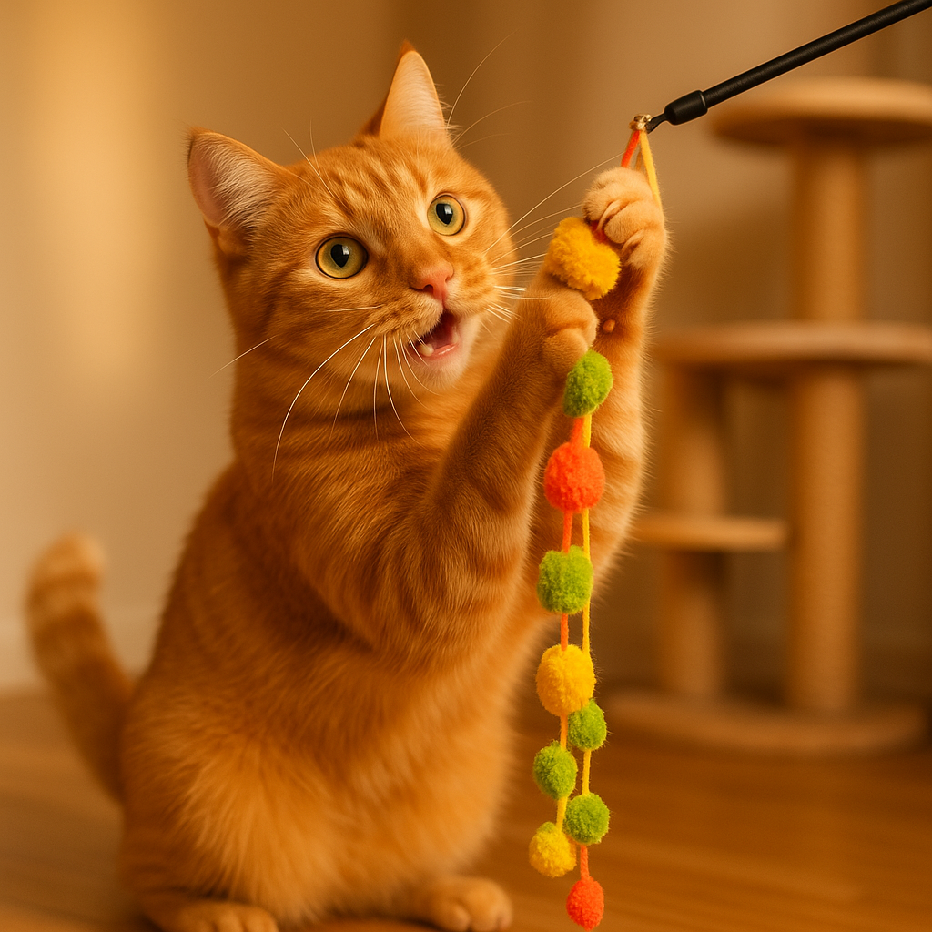 Interactive Cat Toy Teaser Wand with Colorful Pom Poms