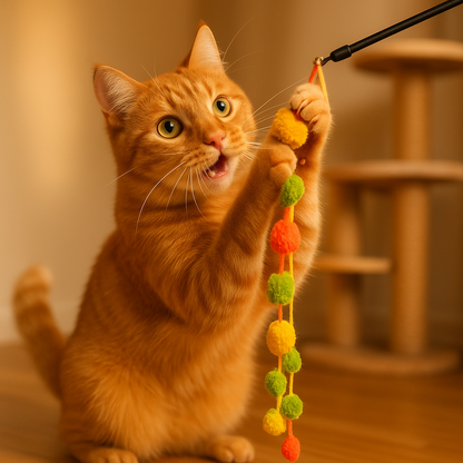 Interactive Cat Toy Teaser Wand with Colorful Pom Poms