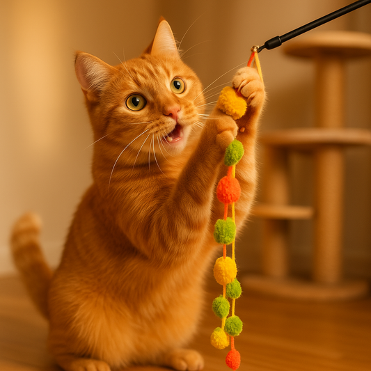Interactive Cat Toy Teaser Wand with Colorful Pom Poms