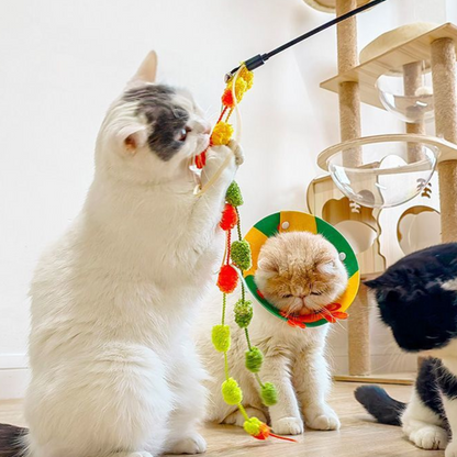 Interactive Cat Toy Teaser Wand with Colorful Pom Poms