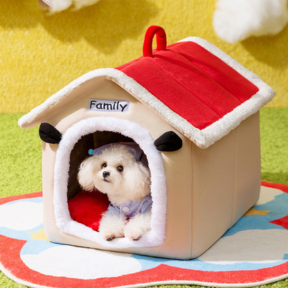 Cozy Red Roof Pet House Bed for Cats and Dogs