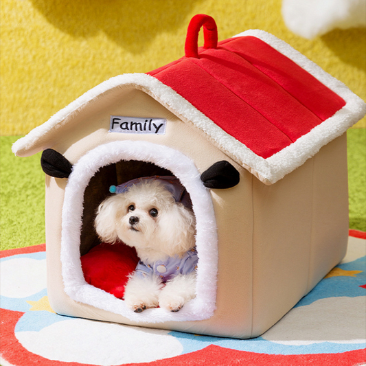 Cozy Red Roof Pet House Bed for Cats and Dogs