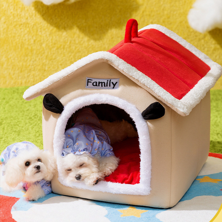 Cozy Red Roof Pet House Bed for Cats and Dogs