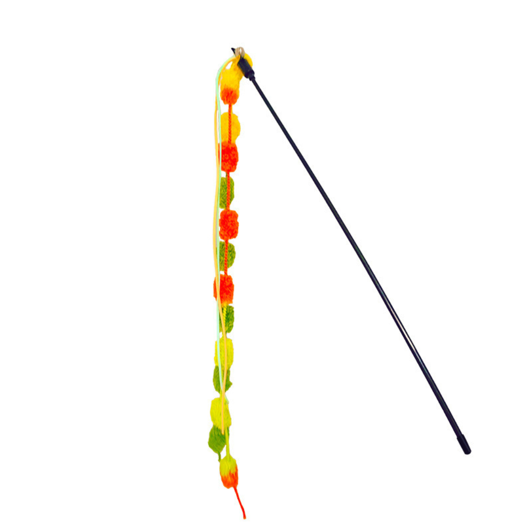 Interactive Cat Toy Teaser Wand with Colorful Pom Poms
