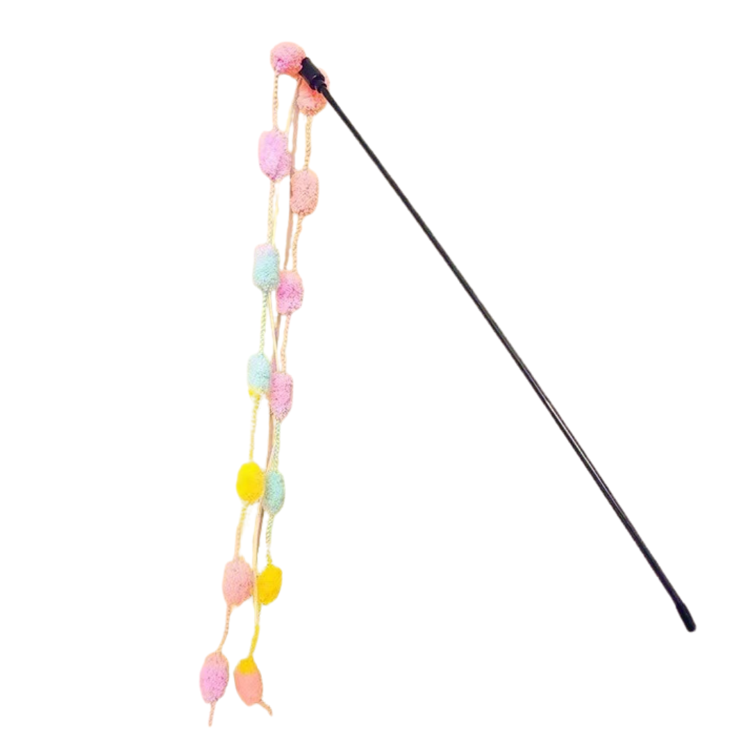 Interactive Cat Toy Teaser Wand with Colorful Pom Poms