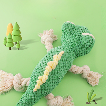 Durable Dino Squeaky Dog Toy with Rope Knot for Fun Play
