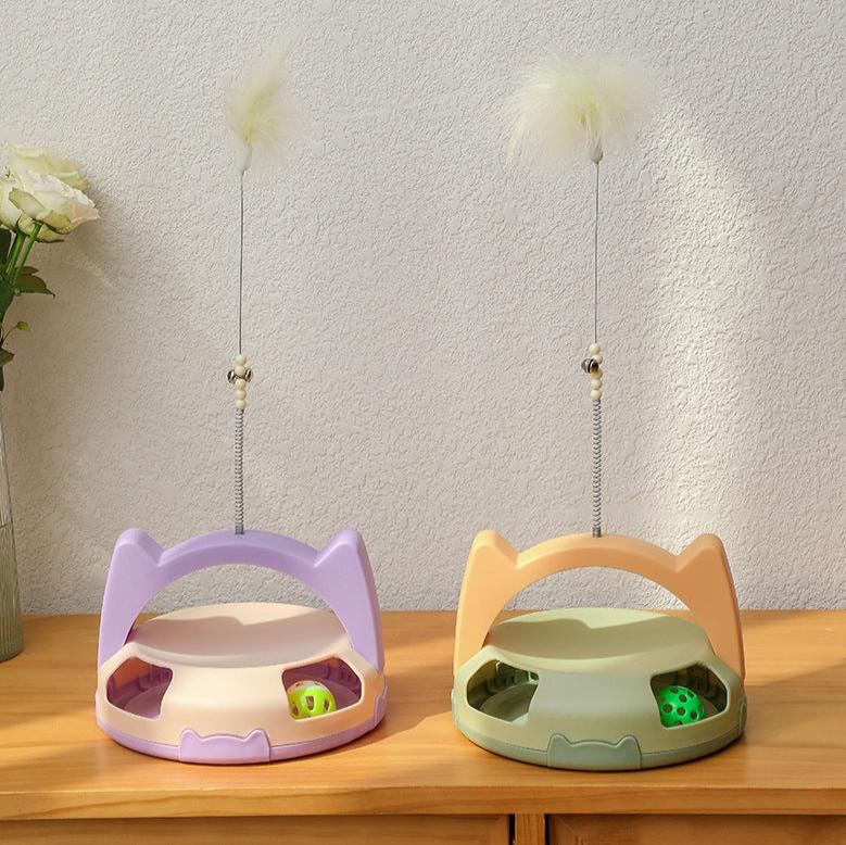 Interactive Feather Cat Toy with Bell Ball & Spinning Disc