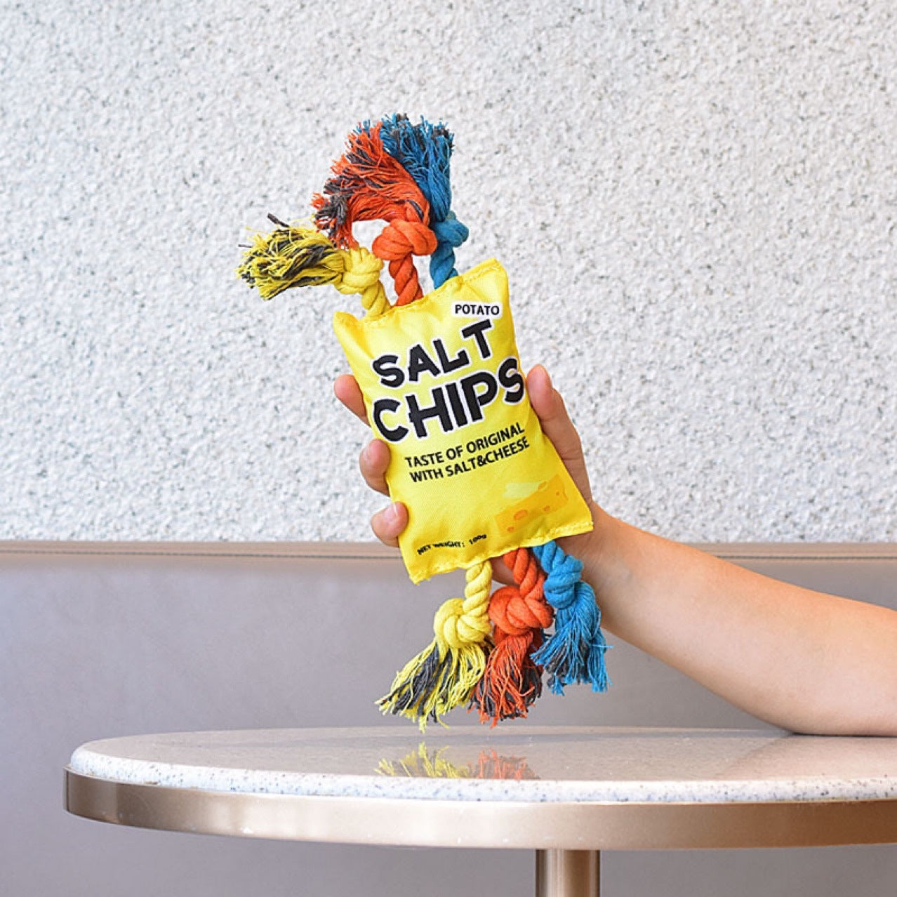 Durable Rope Tug Dog Toy - Fun Squeaky Chips Design